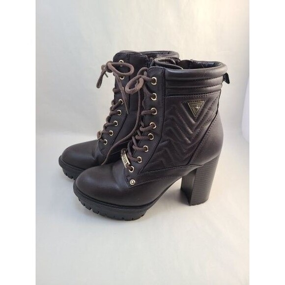 Guess Lace-Up Combat Boots Size 5.5 Brown Heeled Ankle Booties Gold Hardware - Picture 1 of 7